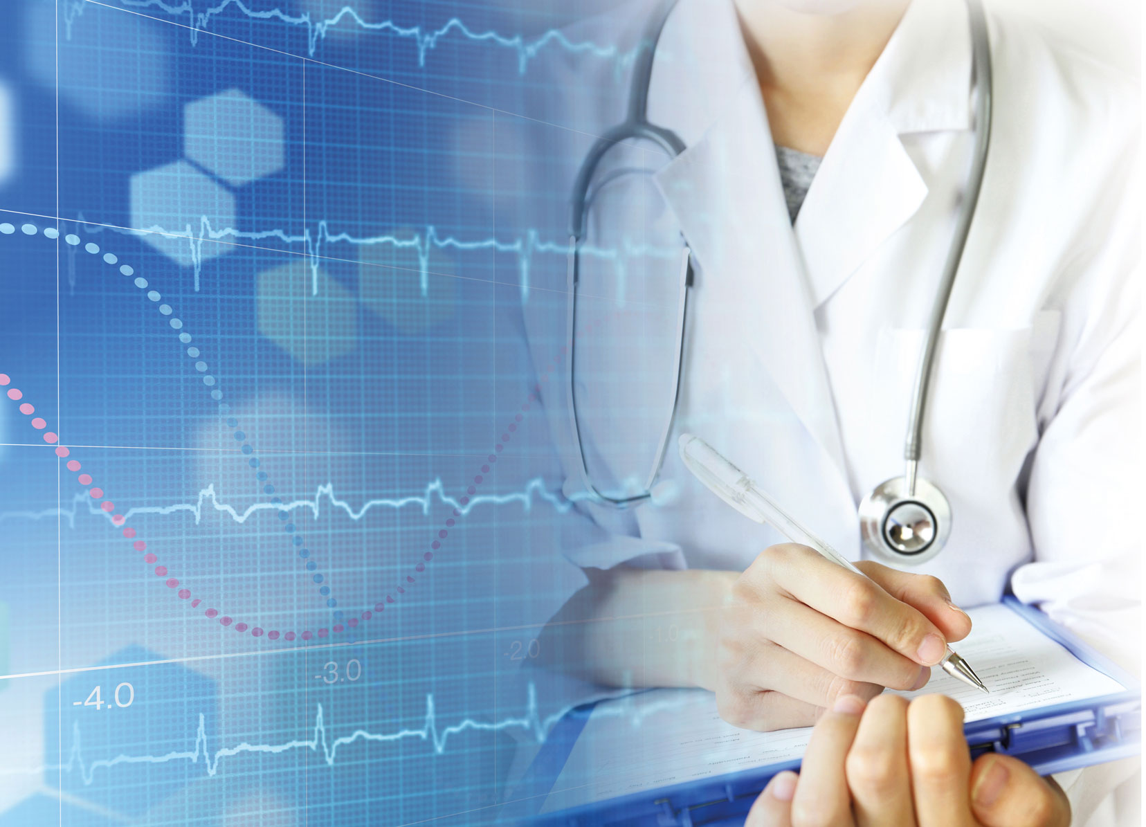 doktor ze stetoskopem wypelnia dokumenty w tle elektrokardiogram