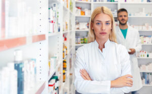 farmaceutka w aptece w tle farmaceuta